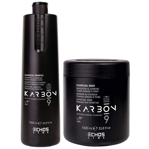 ECHOSLINE Kit Karbon9 Charcoal Shampoo 1000ml + Mask 1000ml Per Capelli Stressati