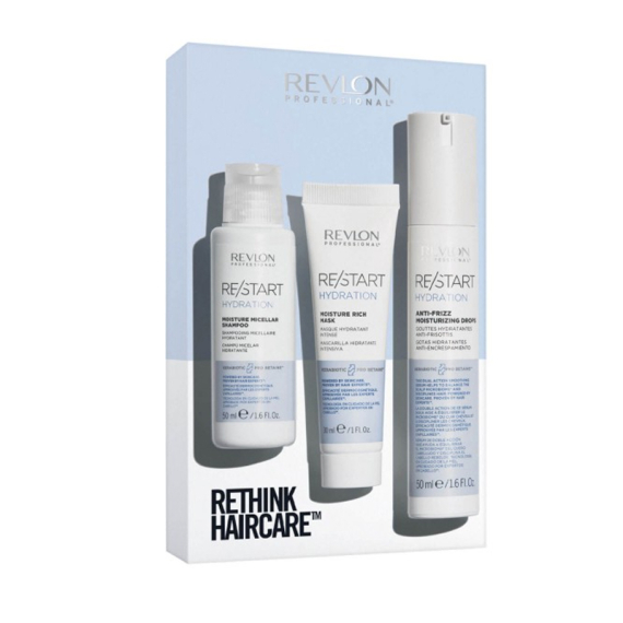 REVLON Professional Restart Hydration Rethink Haircare - Moisture Micellar Shampoo 50ml - Anti Frizz Moisturizing Drops 50ml - Moisture Rich Mask 30ml