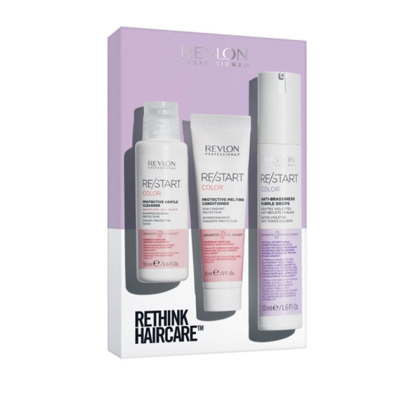 REVLON Professional Restart Color Rethink Haircare - Protective Gentle Cleanser 50ml - Anti-Brassiness Purple Drops 50ml - Protective Melting Conditioner 30ml