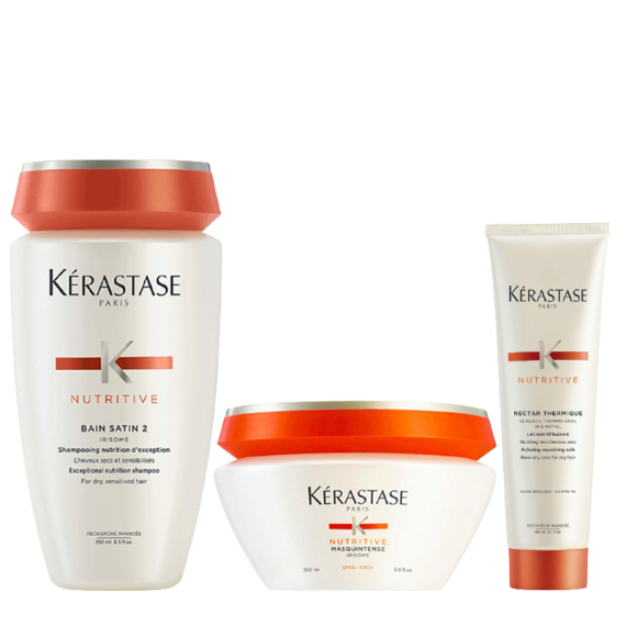 KERASTASE Kit Nutritive Bain Satin 2 Shampoo 250ml + Masquintense Capelli Grossi 200ml +  Nectar Thermique 150ml