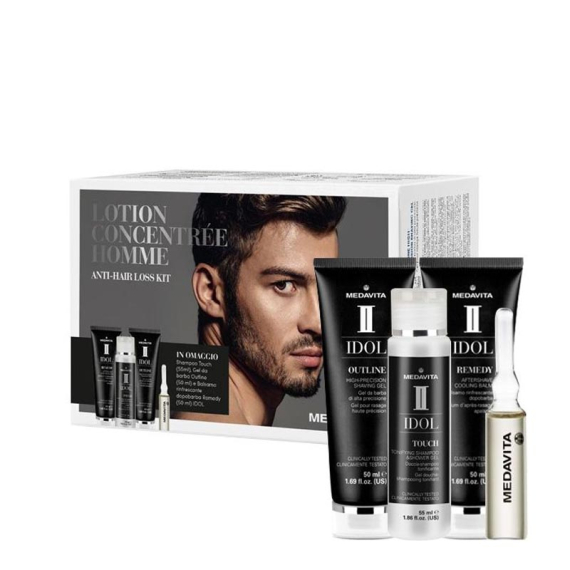 MEDAVITA Lotion Concentrée Homme Kit Trattamento Intensivo Anticaduta Uomo Fiale 13x6ml + Shampoo + Gel Barba + Dopobarba